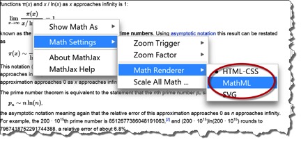 settings for Math ML in a web page described above